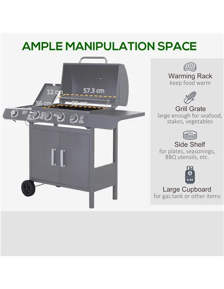 Outsunny 4+1 Burner Gas BBQ Grill, Outdoor Barbecue Trolley with Wheels, Warming Rack, Side Shelves, Cabinet, Thermometer for Ga