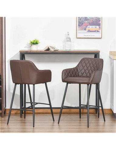 HOMCOM Set of 2 Bar stools Retro PU Leather Bar Chairs w/ Footrest Metal Frame Comfort Support Stylish Dining Seating Home Brown