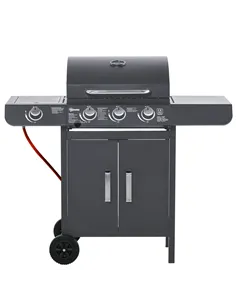 Outsunny 3+1 Burner Gas BBQ Grill, Outdoor Barbecue Trolley with Wheels, Warming Rack, Side Shelves, Cabinet, Thermometer for Ga
