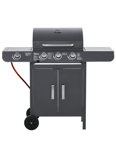Outsunny 3+1 Burner Gas BBQ Grill, Outdoor Barbecue Trolley with Wheels, Warming Rack, Side Shelves, Cabinet, Thermometer for Ga