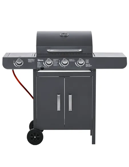Outsunny 3+1 Burner Gas BBQ Grill, Outdoor Barbecue Trolley with Wheels, Warming Rack, Side Shelves, Cabinet, Thermometer for Ga