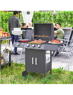 Outsunny 3+1 Burner Gas BBQ Grill, Outdoor Barbecue Trolley with Wheels, Warming Rack, Side Shelves, Cabinet, Thermometer for Ga 2