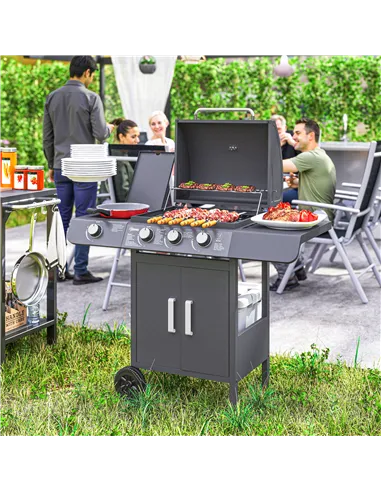 Outsunny 3+1 Burner Gas BBQ Grill, Outdoor Barbecue Trolley with Wheels, Warming Rack, Side Shelves, Cabinet, Thermometer for Ga