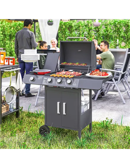 Outsunny 3+1 Burner Gas BBQ Grill, Outdoor Barbecue Trolley with Wheels, Warming Rack, Side Shelves, Cabinet, Thermometer for Ga