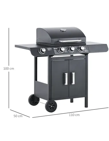 Outsunny 3+1 Burner Gas BBQ Grill, Outdoor Barbecue Trolley with Wheels, Warming Rack, Side Shelves, Cabinet, Thermometer for Ga