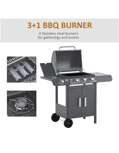 Outsunny 3+1 Burner Gas BBQ Grill, Outdoor Barbecue Trolley with Wheels, Warming Rack, Side Shelves, Cabinet, Thermometer for Ga
