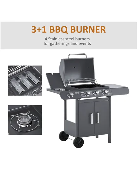 Outsunny 3+1 Burner Gas BBQ Grill, Outdoor Barbecue Trolley with Wheels, Warming Rack, Side Shelves, Cabinet, Thermometer for Ga
