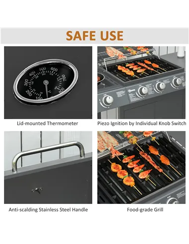 Outsunny 3+1 Burner Gas BBQ Grill, Outdoor Barbecue Trolley with Wheels, Warming Rack, Side Shelves, Cabinet, Thermometer for Ga