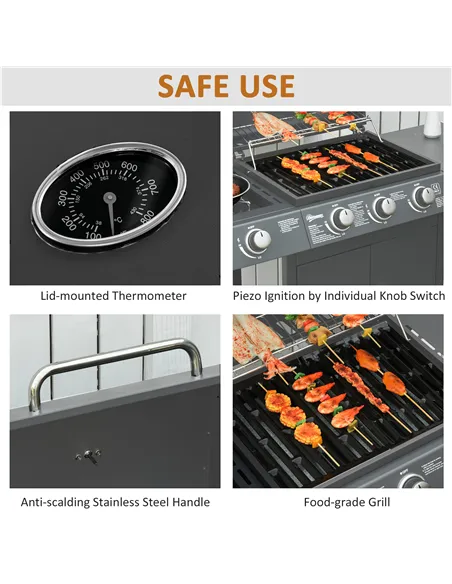 Outsunny 3+1 Burner Gas BBQ Grill, Outdoor Barbecue Trolley with Wheels, Warming Rack, Side Shelves, Cabinet, Thermometer for Ga