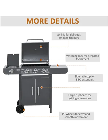 Outsunny 3+1 Burner Gas BBQ Grill, Outdoor Barbecue Trolley with Wheels, Warming Rack, Side Shelves, Cabinet, Thermometer for Ga