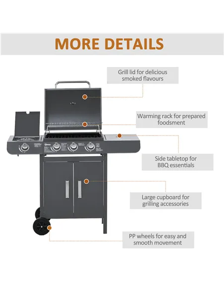 Outsunny 3+1 Burner Gas BBQ Grill, Outdoor Barbecue Trolley with Wheels, Warming Rack, Side Shelves, Cabinet, Thermometer for Ga