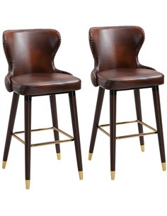HOMCOM Bar Stools Set of 2, PU Leather Vintage Counter-Height Bar Chair, Luxury European Style Kitchen Stools with Back, Brown