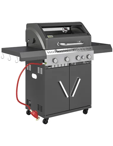 Outsunny 4+1 Burner Gas BBQ Grill with Clear View Lid, Portable Gas Barbecue Grill with Built-in Thermometer, Side Table, Cabine