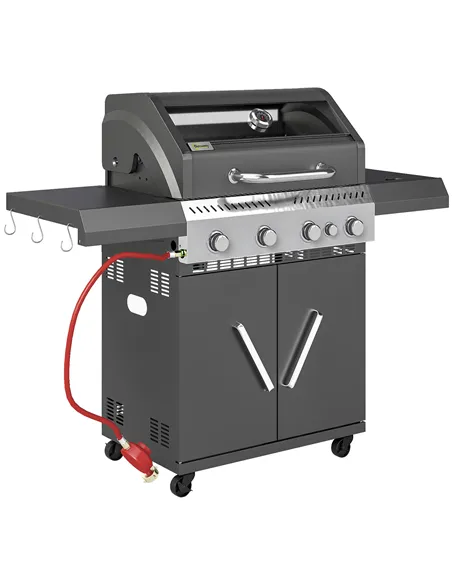Outsunny 4+1 Burner Gas BBQ Grill with Clear View Lid, Portable Gas Barbecue Grill with Built-in Thermometer, Side Table, Cabine