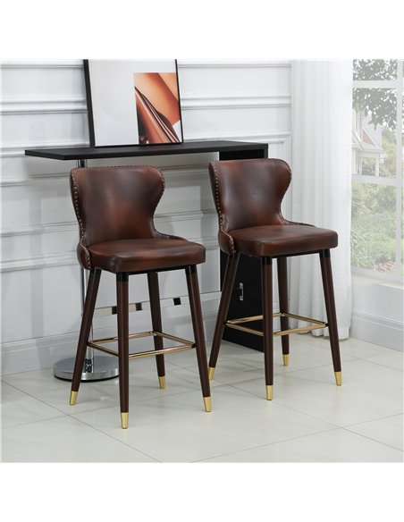 HOMCOM Bar Stools Set of 2, PU Leather Vintage Counter-Height Bar Chair, Luxury European Style Kitchen Stools with Back, Brown