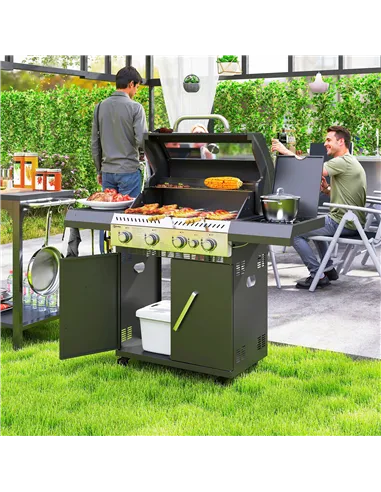 Outsunny 4+1 Burner Gas BBQ Grill with Clear View Lid, Portable Gas Barbecue Grill with Built-in Thermometer, Side Table, Cabine