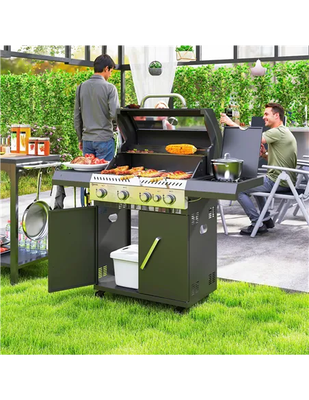 Outsunny 4+1 Burner Gas BBQ Grill with Clear View Lid, Portable Gas Barbecue Grill with Built-in Thermometer, Side Table, Cabine