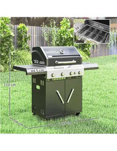 Outsunny 4+1 Burner Gas BBQ Grill with Clear View Lid, Portable Gas Barbecue Grill with Built-in Thermometer, Side Table, Cabine