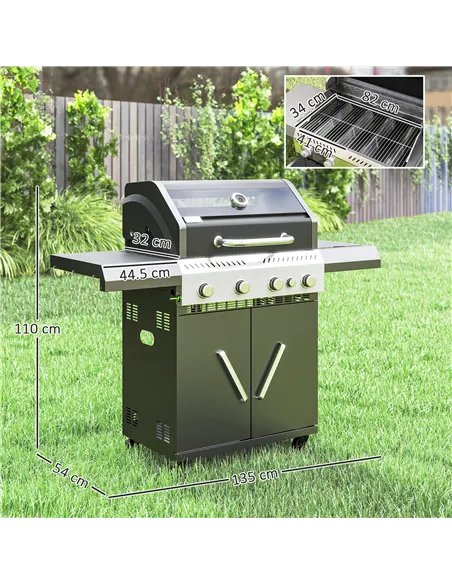 Outsunny 4+1 Burner Gas BBQ Grill with Clear View Lid, Portable Gas Barbecue Grill with Built-in Thermometer, Side Table, Cabine
