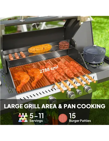 Outsunny 4+1 Burner Gas BBQ Grill with Clear View Lid, Portable Gas Barbecue Grill with Built-in Thermometer, Side Table, Cabine