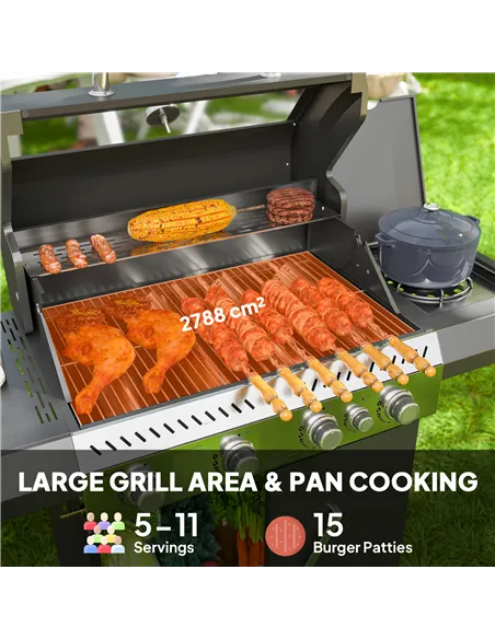 Outsunny 4+1 Burner Gas BBQ Grill with Clear View Lid, Portable Gas Barbecue Grill with Built-in Thermometer, Side Table, Cabine