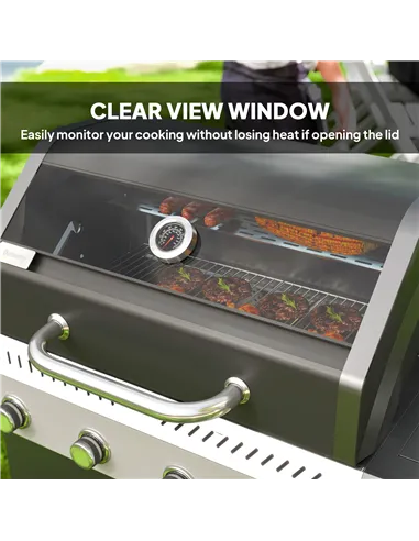 Outsunny 4+1 Burner Gas BBQ Grill with Clear View Lid, Portable Gas Barbecue Grill with Built-in Thermometer, Side Table, Cabine