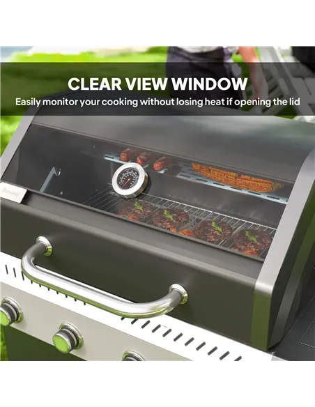 Outsunny 4+1 Burner Gas BBQ Grill with Clear View Lid, Portable Gas Barbecue Grill with Built-in Thermometer, Side Table, Cabine