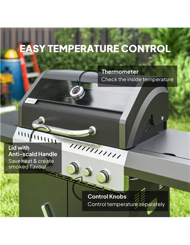 Outsunny 4+1 Burner Gas BBQ Grill with Clear View Lid, Portable Gas Barbecue Grill with Built-in Thermometer, Side Table, Cabine