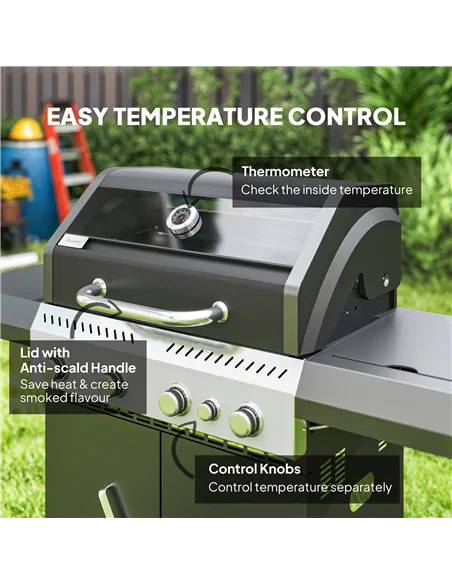Outsunny 4+1 Burner Gas BBQ Grill with Clear View Lid, Portable Gas Barbecue Grill with Built-in Thermometer, Side Table, Cabine