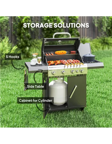 Outsunny 4+1 Burner Gas BBQ Grill with Clear View Lid, Portable Gas Barbecue Grill with Built-in Thermometer, Side Table, Cabine