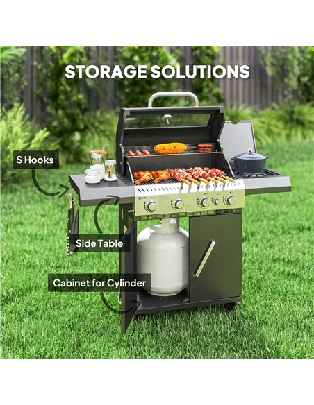 Outsunny 4+1 Burner Gas BBQ Grill with Clear View Lid, Portable Gas Barbecue Grill with Built-in Thermometer, Side Table, Cabine