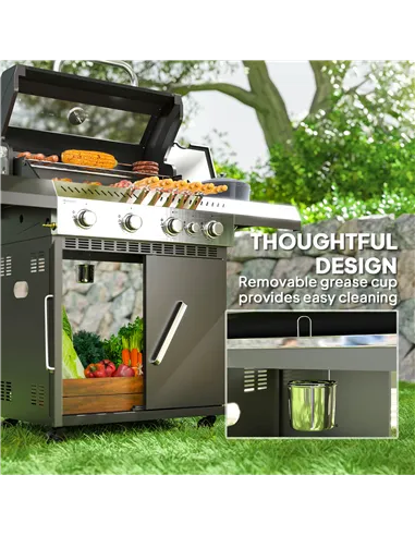 Outsunny 4+1 Burner Gas BBQ Grill with Clear View Lid, Portable Gas Barbecue Grill with Built-in Thermometer, Side Table, Cabine