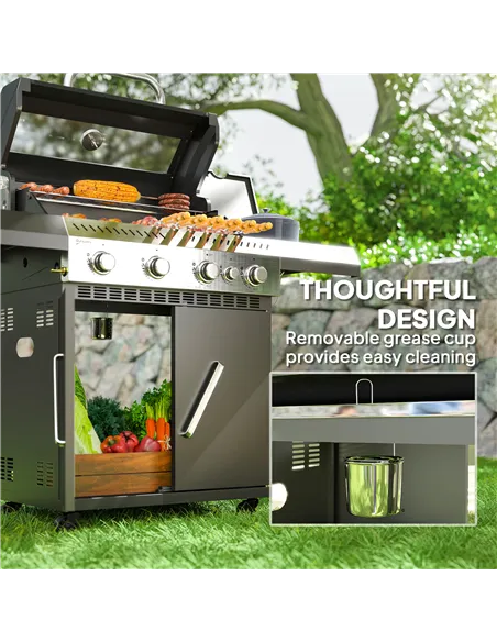 Outsunny 4+1 Burner Gas BBQ Grill with Clear View Lid, Portable Gas Barbecue Grill with Built-in Thermometer, Side Table, Cabine