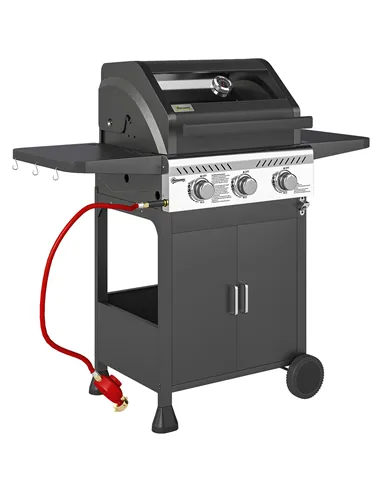 Outsunny 7.5kW Three-Burner Gas BBQ Grill, with See-Through Lid - Black