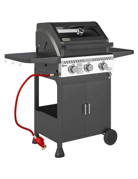 Outsunny 7.5kW Three-Burner Gas BBQ Grill, with See-Through Lid - Black