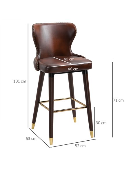 HOMCOM Bar Stools Set of 2, PU Leather Vintage Counter-Height Bar Chair, Luxury European Style Kitchen Stools with Back, Brown