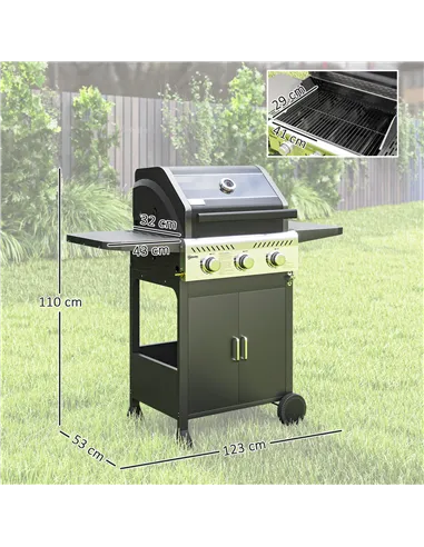 Outsunny 7.5kW Three-Burner Gas BBQ Grill, with See-Through Lid - Black