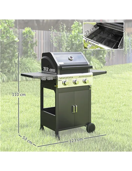 Outsunny 7.5kW Three-Burner Gas BBQ Grill, with See-Through Lid - Black