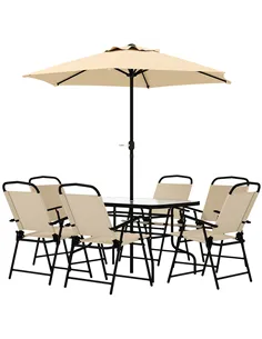 Outsunny 8 Pieces Garden Dining Set with Umbrella, Patio Sets with Parasol with 6 Foldable Chairs, Glass Top Table, and Sun Para