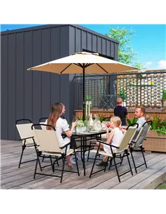 Outsunny 8 Pieces Garden Dining Set with Umbrella, Patio Sets with Parasol with 6 Foldable Chairs, Glass Top Table, and Sun Para 2