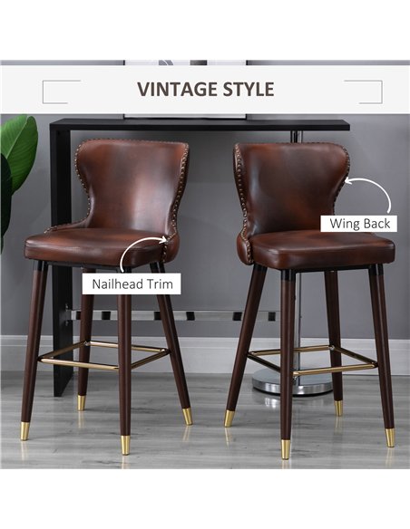 HOMCOM Bar Stools Set of 2, PU Leather Vintage Counter-Height Bar Chair, Luxury European Style Kitchen Stools with Back, Brown