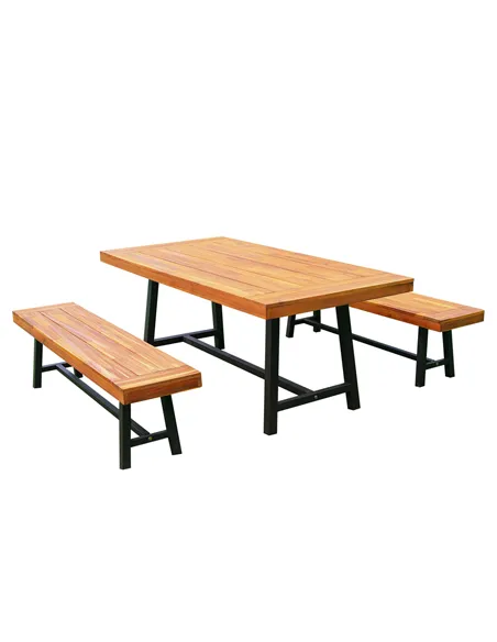 Outsunny Garden 3 Pieces Acacia Wood Picnic Table and 2 Benches Set Dining Trestle Beer Table Patio Outdoor Indoor Furniture