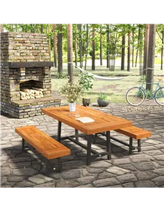 Outsunny Garden 3 Pieces Acacia Wood Picnic Table and 2 Benches Set Dining Trestle Beer Table Patio Outdoor Indoor Furniture 2
