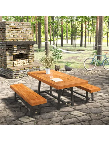 Outsunny Garden 3 Pieces Acacia Wood Picnic Table and 2 Benches Set Dining Trestle Beer Table Patio Outdoor Indoor Furniture