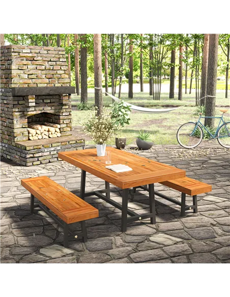 Outsunny Garden 3 Pieces Acacia Wood Picnic Table and 2 Benches Set Dining Trestle Beer Table Patio Outdoor Indoor Furniture
