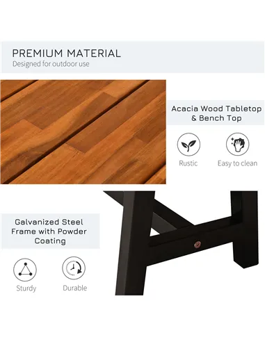 Outsunny Garden 3 Pieces Acacia Wood Picnic Table and 2 Benches Set Dining Trestle Beer Table Patio Outdoor Indoor Furniture