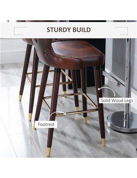 HOMCOM Bar Stools Set of 2, PU Leather Vintage Counter-Height Bar Chair, Luxury European Style Kitchen Stools with Back, Brown