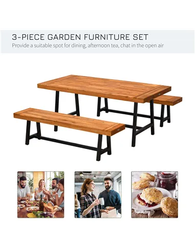 Outsunny Garden 3 Pieces Acacia Wood Picnic Table and 2 Benches Set Dining Trestle Beer Table Patio Outdoor Indoor Furniture