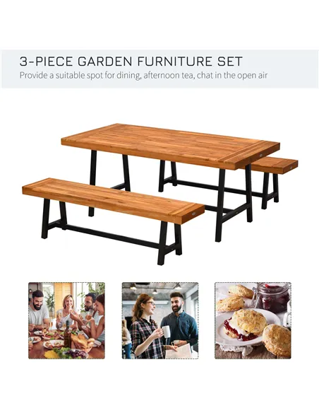 Outsunny Garden 3 Pieces Acacia Wood Picnic Table and 2 Benches Set Dining Trestle Beer Table Patio Outdoor Indoor Furniture