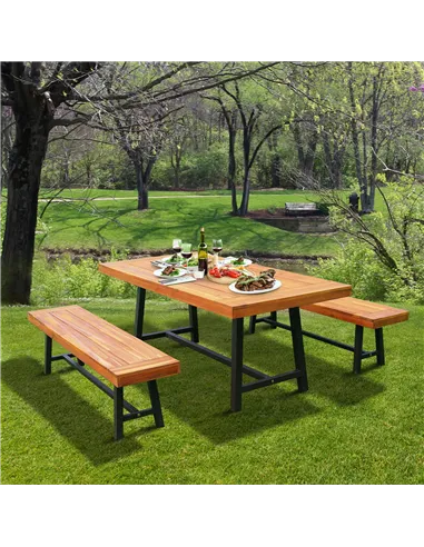 Outsunny Garden 3 Pieces Acacia Wood Picnic Table and 2 Benches Set Dining Trestle Beer Table Patio Outdoor Indoor Furniture